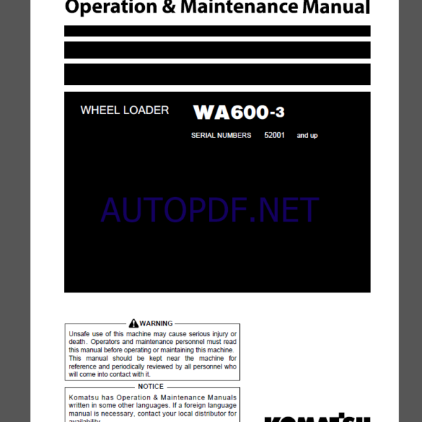 Komatsu WA600-3 WHEEL LOADER Operation Maintenance Manual(PEN00002-05)