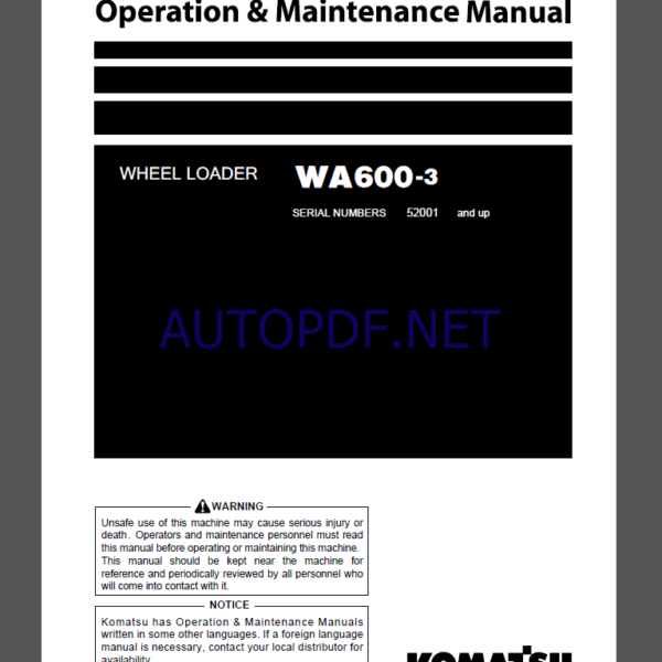 Komatsu WA600-3 WHEEL LOADER Operation Maintenance Manual(PEN00002-06)