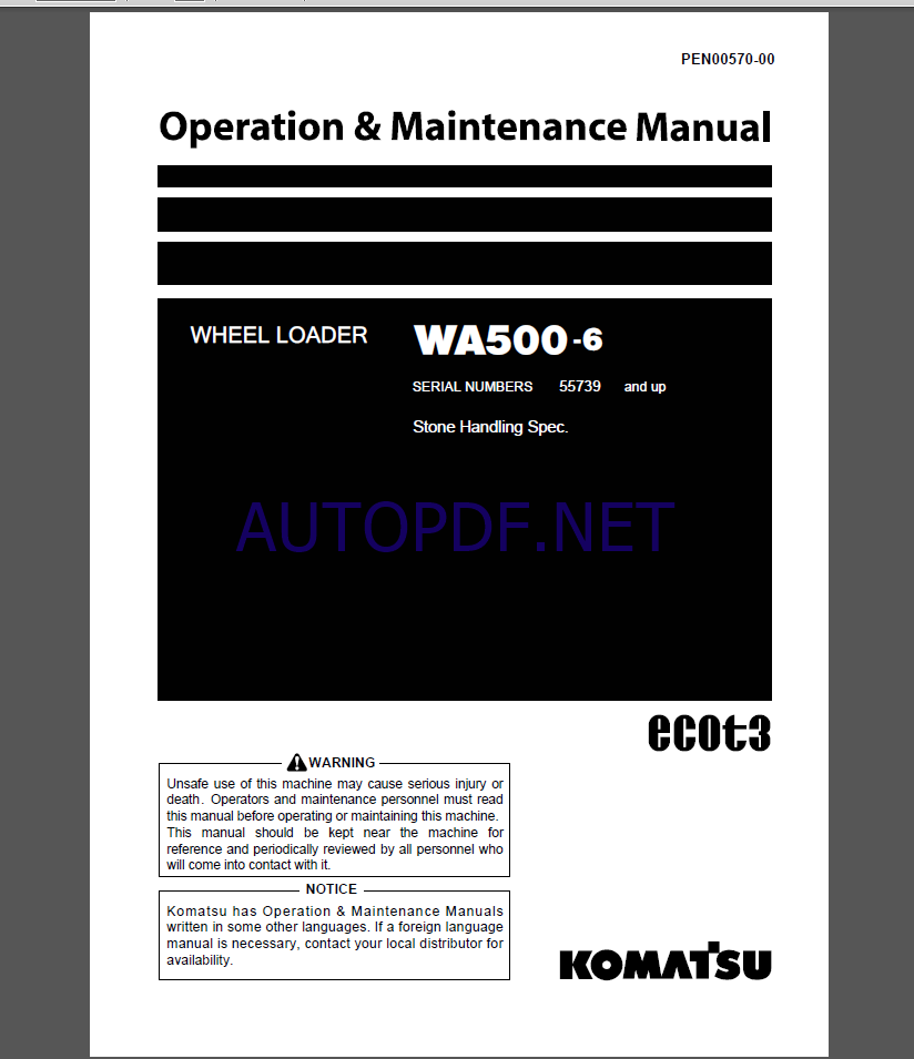 Komatsu WA500-6 WHEEL LOADER Operation Maintenance Manual(PEN00570-00)