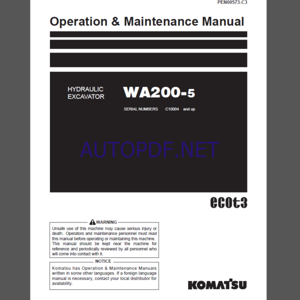 Komatsu WA200-5 WHEEL LOADER Operation Maintenance Manual(PEN00573-C3)