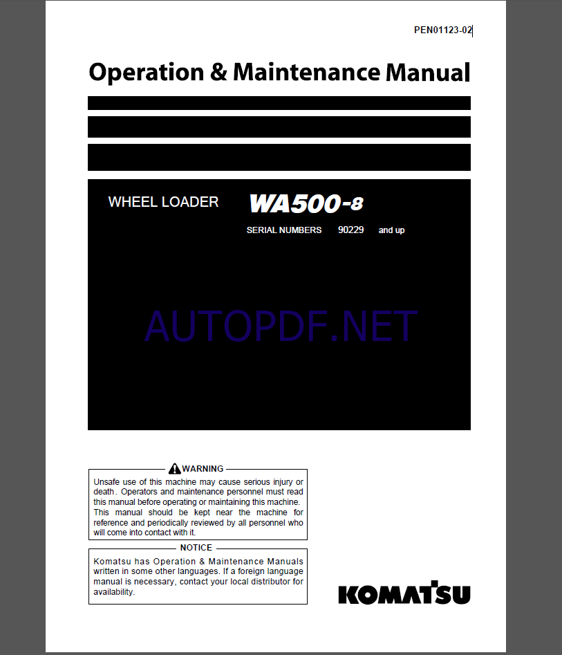 Komatsu WA500-8 WHEEL LOADER Operation Maintenance Manual(PEN01123-02)