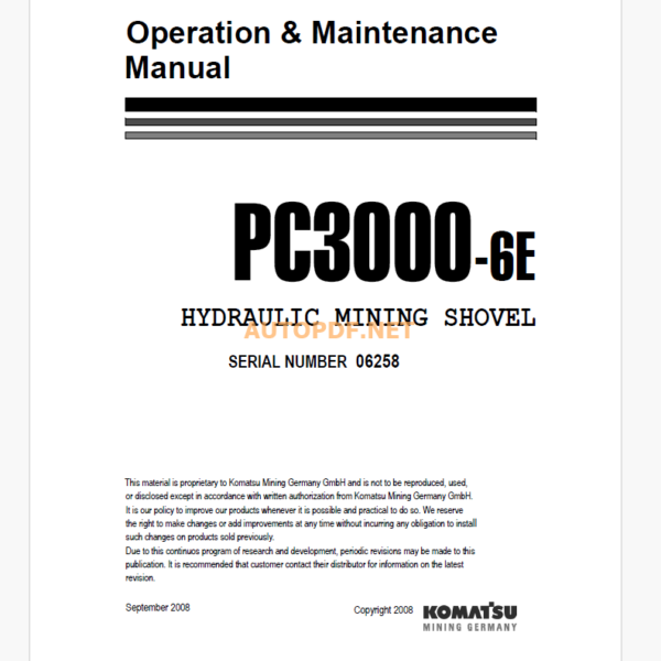 Komatsu PC3000-6E HYDRAULIC MINING SHOVEL Operation and Maintenance Manual (GZEAM06258)