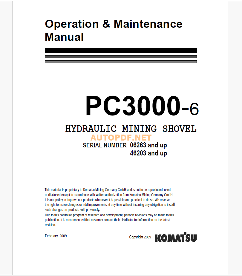 Komatsu PC3000-6 HYDRAULIC MINING SHOVEL Operation and Maintenance Manual (GZEAM06263)