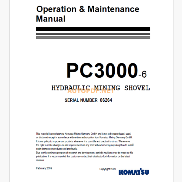 Komatsu PC3000-6 HYDRAULIC MINING SHOVEL Operation and Maintenance Manual (GZEAM06264)