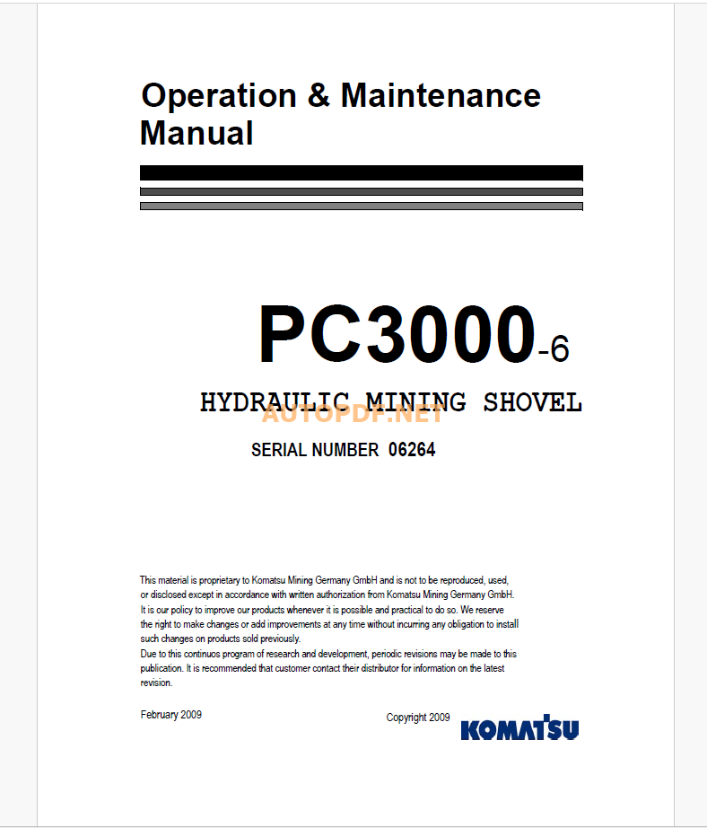 Komatsu PC3000-6 HYDRAULIC MINING SHOVEL Operation and Maintenance Manual (GZEAM06264)