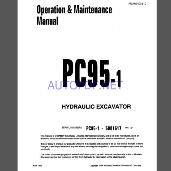 Komatsu PC954-1 HYDRAULIC EXCAVATOR Operation Maintenance Manual(FGAMPC9510)