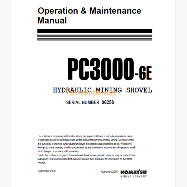 Komatsu PC3000-6E HYDRAULIC MINING SHOVEL Operation and Maintenance Manual(GZEAM06258)