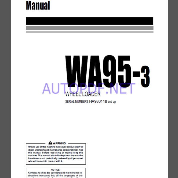 Komatsu WA95-3 WHEEL LOADER Operation Maintenance Manual(VEAM980300)