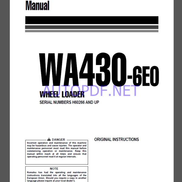 Komatsu WA430-6EO WHEEL LOADER Operation Maintenance Manual(VEAM948102)