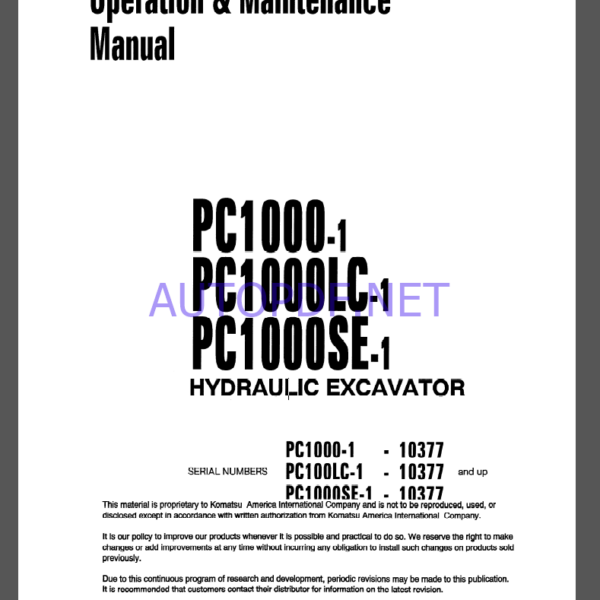 KOMATSU PC1000-1,PC1000LC-1,PC1000SE-1 HYDRAULIC EXCAVATOR Operation and Maintenance Manual(SEAM008701)