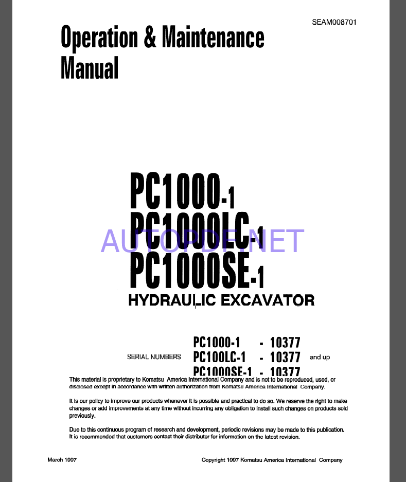 KOMATSU PC1000-1,PC1000LC-1,PC1000SE-1 HYDRAULIC EXCAVATOR Operation and Maintenance Manual(SEAM008701)