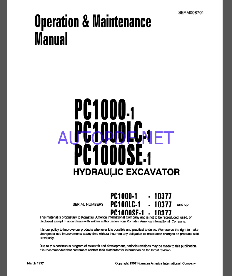 KOMATSU PC2000-11R HYDRAULIC EXCAVATOR Operation and Maintenance Manual(PEN02109-00)