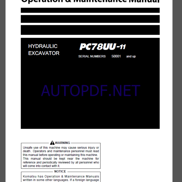 KOMATSU PC78UU-11 HYDRAULIC EXCAVATOR Operation and Maintenance Manual(PEN02017-00)