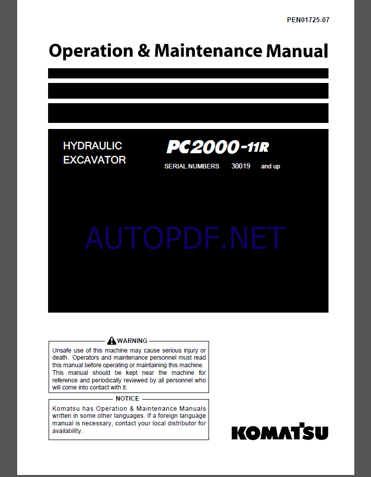 KOMATSU PC2000-11R HYDRAULIC EXCAVATOR Operation and Maintenance Manual(PEN01725-07)