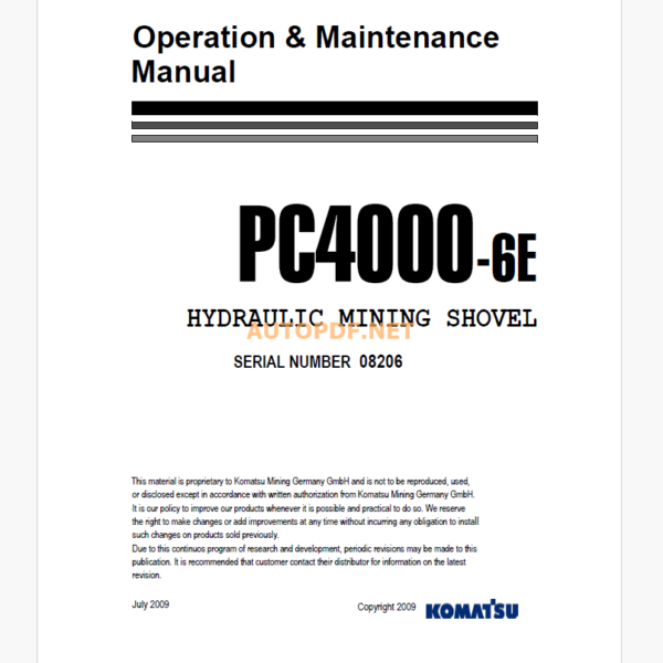 KOMATSU PC4000-6E HYDRAULIC MINING SHOVEL Operation and Maintenance Manual (GZEAM08206)