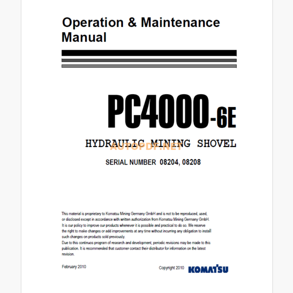 Komatsu PC4000-6E HYDRAULIC MINING SHOVEL Operation and Maintenance Manual (GZEAM08204)