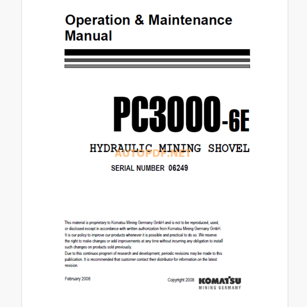 Komatsu PC3000-6E HYDRAULIC MINING SHOVEL Operation and Maintenance Manual (GZEAM06249)