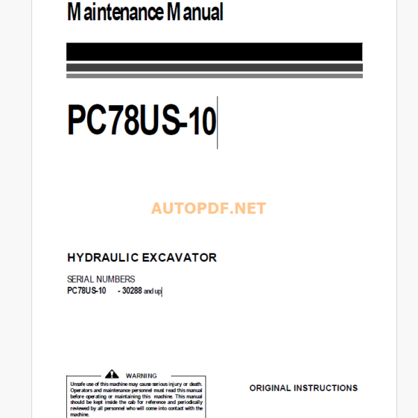 Komatsu PC78US-10 HYDRAULIC EXCAVATOR Operation and Maintenance Manual (EENAM03411_PC78US-10_1604)