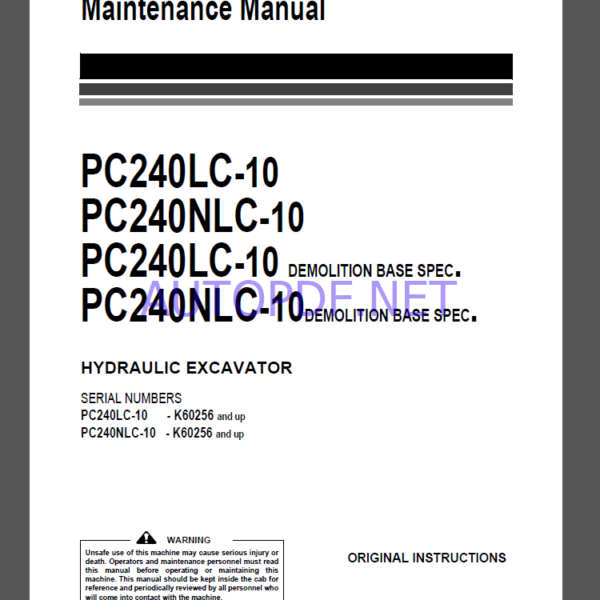 KOMATSU PC240LC-10,PC240NLC-10,PC240LC-10,PC240NLC-10 HYDRAULIC EXCAVATOR Operation and Maintenance Manual(UENAM00920)