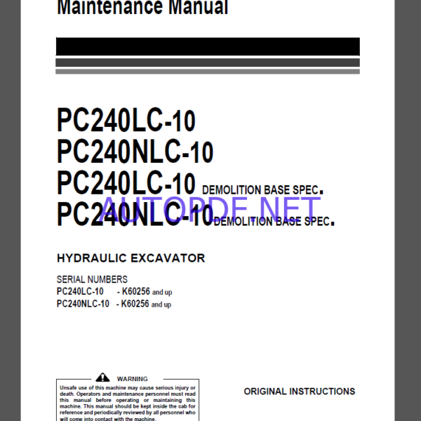 Komatsu PC240LC-10,PC240NLC-10 HYDRAULIC EXCAVATOR Operation and Maintenance Manual(UENAM00923)