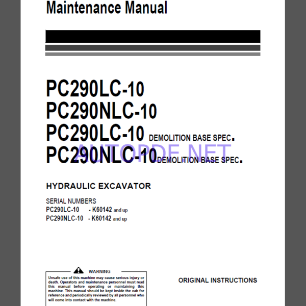 Komatsu PC290LC-10,PC290NLC-10,PC290LC-10,PC290NLC-10 HYDRAULIC EXCAVATOR Operation and Maintenance Manual(UENAM00923)