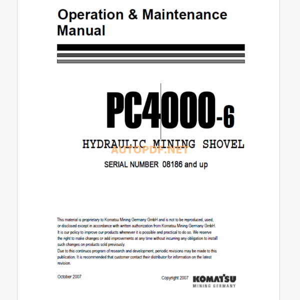 Komatsu PC4000-6 HYDRAULIC MINING SHOVEL Operation and Maintenance Manual (GZEAM08186)