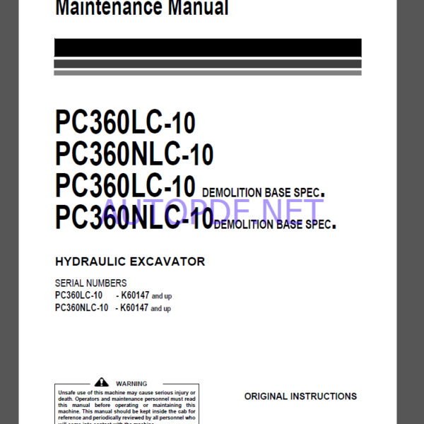 Komatsu PC360LC-10,PC360NLC-10,PC360LC-10,PC360NLC-10 HYDRAULIC EXCAVATOR Operation and Maintenance Manual(UENAM00940)