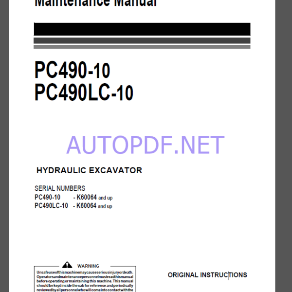 Komatsu PC490-10,PC490LC-10 HYDRAULIC EXCAVATOR Operation and Maintenance Manual(UENAM00953)