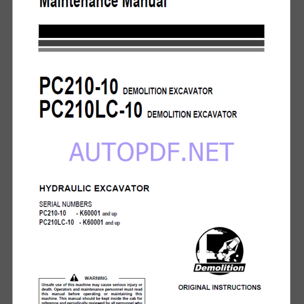 Komatsu PC210-10,PC210LC-10 HYDRAULIC EXCAVATOR Operation and Maintenance Manual(UENAM00971)