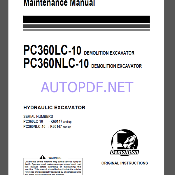 Komatsu PC360LC-10,PC360NLC-10 HYDRAULIC EXCAVATOR Operation and Maintenance Manual(UENAM01000)