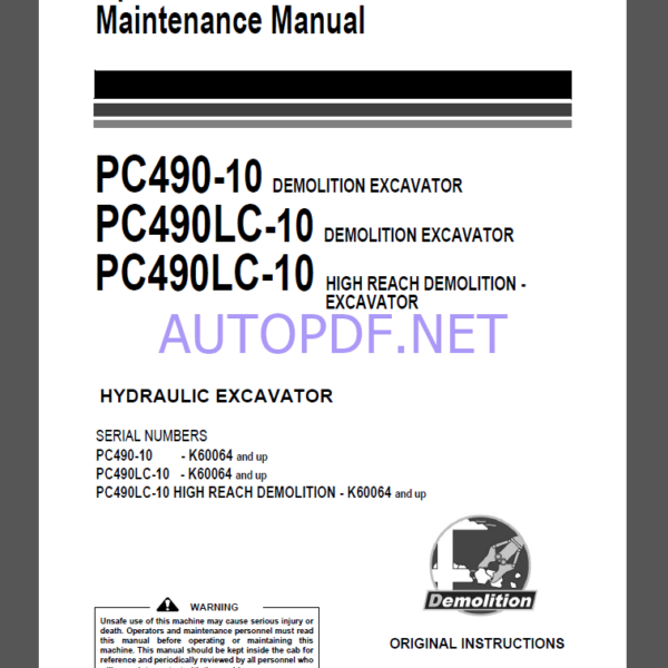 Komatsu PC490-10,PC490LC-10,PC490LC-10 HYDRAULIC EXCAVATOR Operation and Maintenance Manual(UENAM01013)