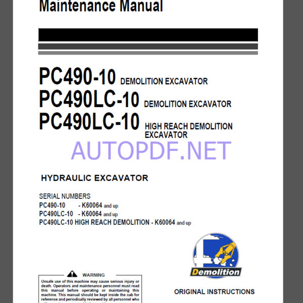 Komatsu PC490-10,PC490LC-10,PC490LC-10 HYDRAULIC EXCAVATOR Operation and Maintenance Manual(UENAM01014)