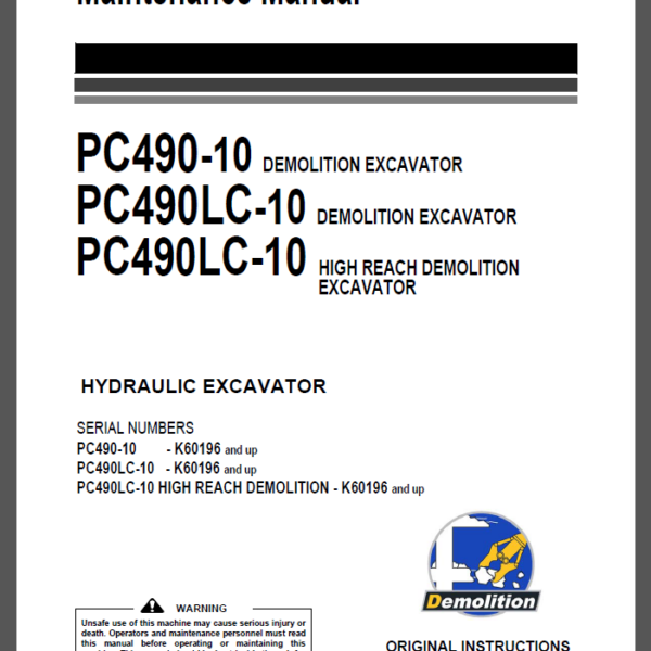 Komatsu PC490-10,PC490LC-10,PC490LC-10 HYDRAULIC EXCAVATOR Operation and Maintenance Manual(UENAM01500)