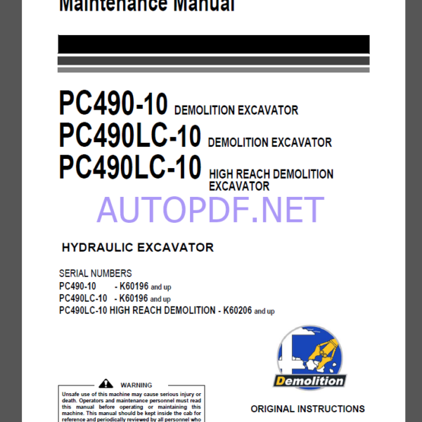 Komatsu PC490-10,PC490LC-10,PC490LC-10 HYDRAULIC EXCAVATOR Operation and Maintenance Manual(UENAM01550)