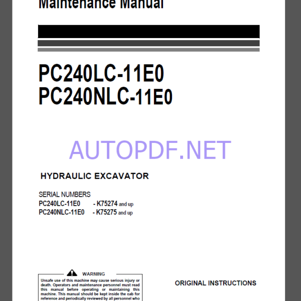 Komatsu PC240LC-11E0,PC240NLC-11E0 HYDRAULIC EXCAVATOR Operation and Maintenance Manual(UENAM01573)