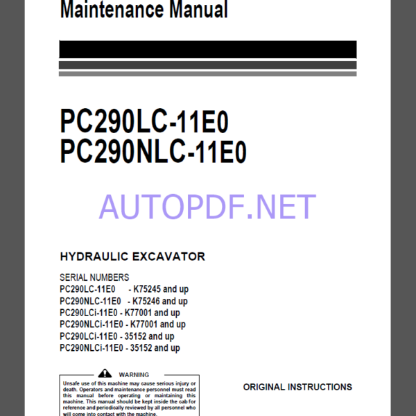 Komatsu PC290LC-11E0,PC290NLC-11E0 HYDRAULIC EXCAVATOR Operation and Maintenance Manual(UENAM01595)