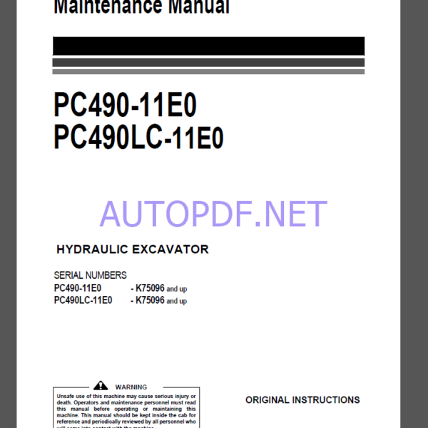 Komatsu PC490-11E0,PC490LC-11E0 HYDRAULIC EXCAVATOR Operation and Maintenance Manual(UENAM01634)