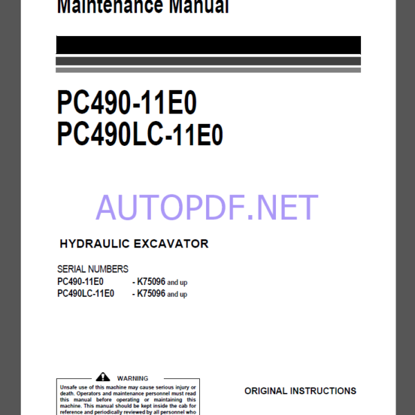 Komatsu PC490-11E0,PC490LC-11E0 HYDRAULIC EXCAVATOR Operation and Maintenance Manual(UENAM01635)