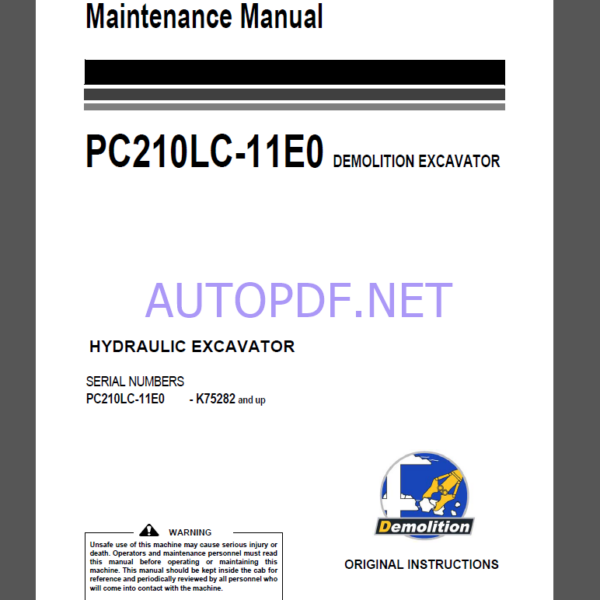 Komatsu PC210LC-11E0 HYDRAULIC EXCAVATOR Operation and Maintenance Manual(UENAM01674)