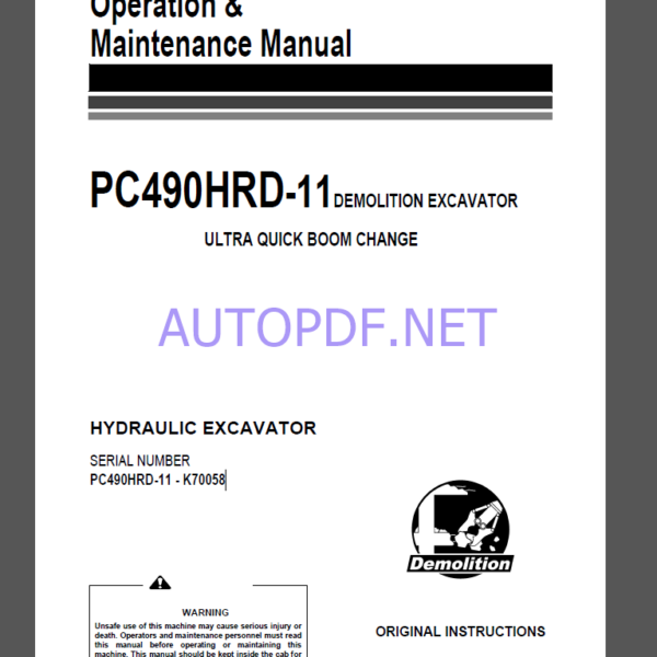 Komatsu PC490HRD-11 HYDRAULIC EXCAVATOR Operation and Maintenance Manual(UENAM01741)