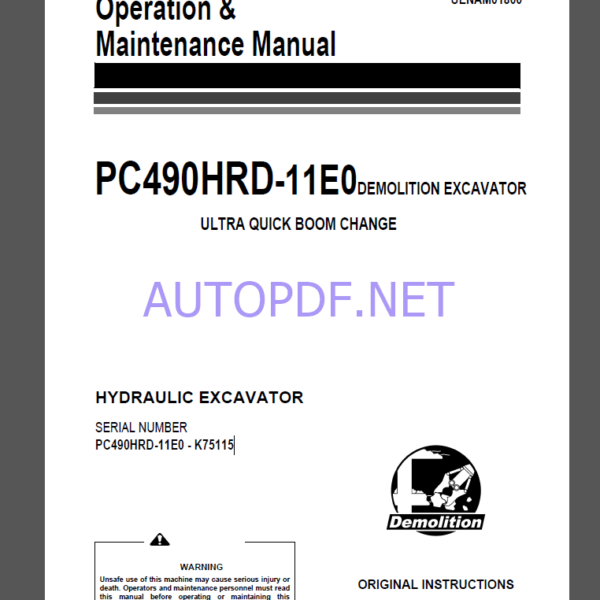 Komatsu PC490HRD-11E0 HYDRAULIC EXCAVATOR Operation and Maintenance Manual(UENAM01755)