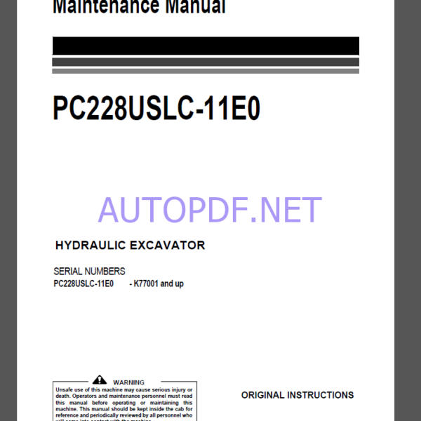 Komatsu PC228USLC-11E0 HYDRAULIC EXCAVATOR Operation and Maintenance Manual(UENAM01960)