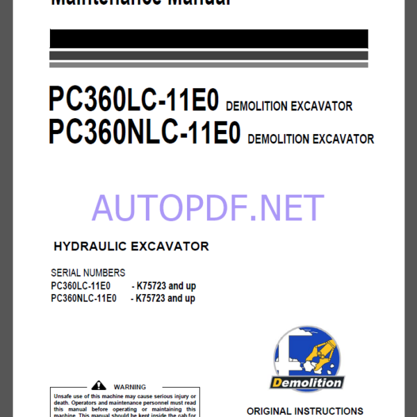 Komatsu PC360LC-11E0,PC360NLC-11E0 HYDRAULIC EXCAVATOR Operation and Maintenance Manual(UENAM02050)