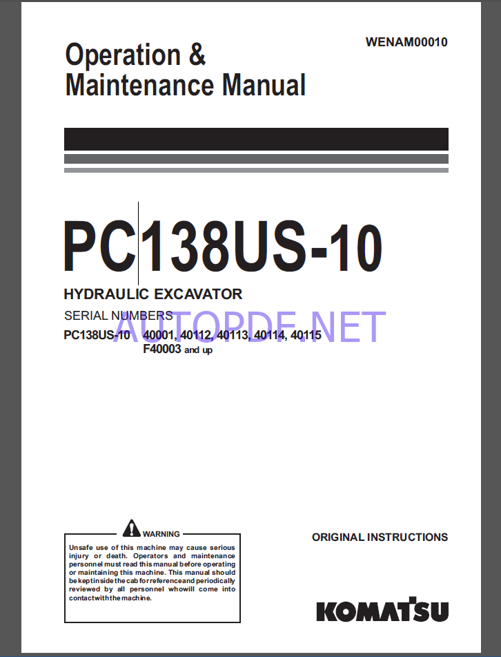 Komatsu PC138US-10 HYDRAULIC EXCAVATOR Operation and Maintenance Manual(WENAM00010)