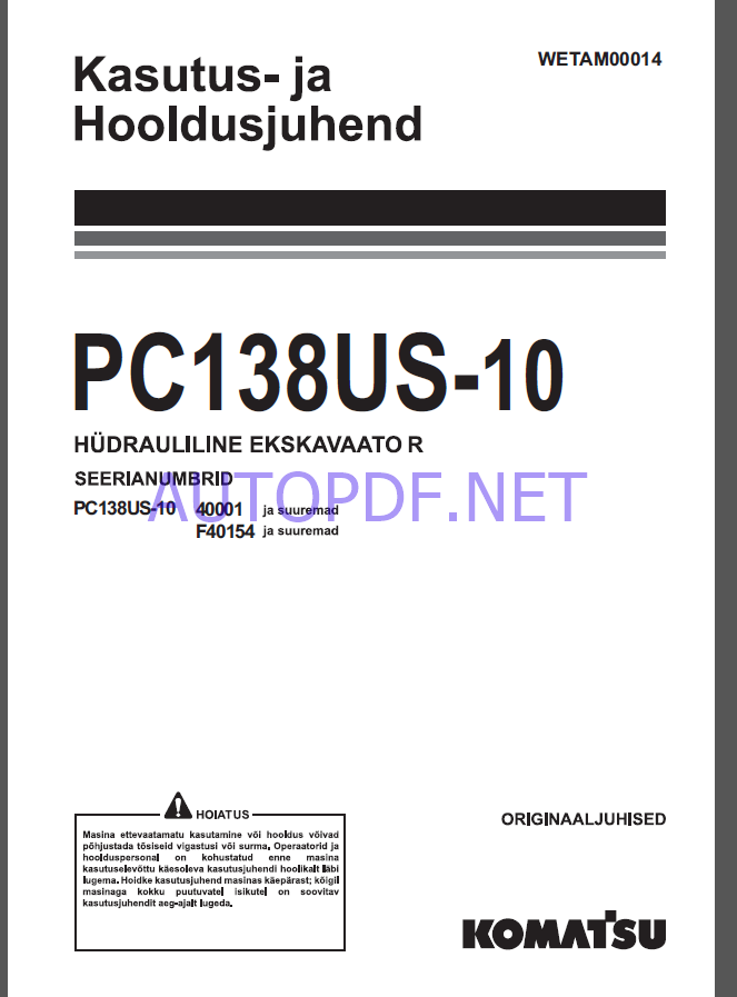 Komatsu PC138US-10 HYDRAULIC EXCAVATOR Operation and Maintenance Manual(WETAM00014)