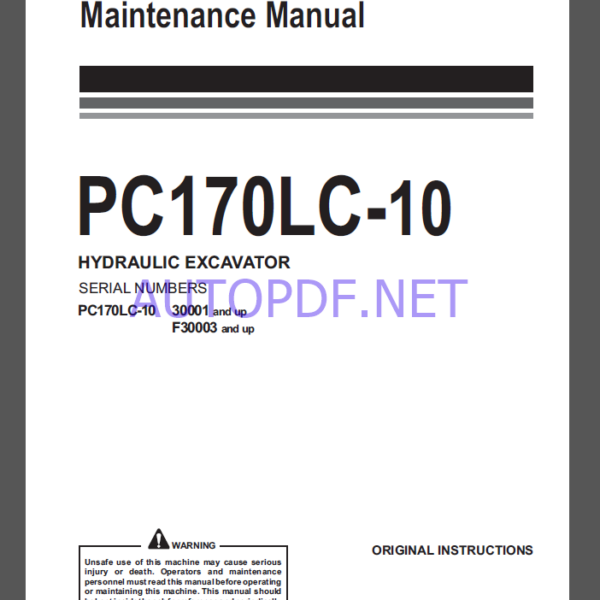 Komatsu PC170LC-10 HYDRAULIC EXCAVATOR Operation and Maintenance Manual(WENAM00020)