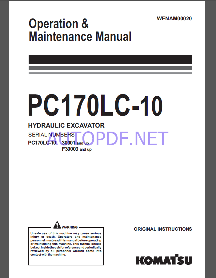 Komatsu PC170LC-10 HYDRAULIC EXCAVATOR Operation and Maintenance Manual(WENAM00020)