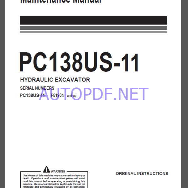 Komatsu PC138US-11 HYDRAULIC EXCAVATOR Operation and Maintenance Manual(WENAM00119_1)