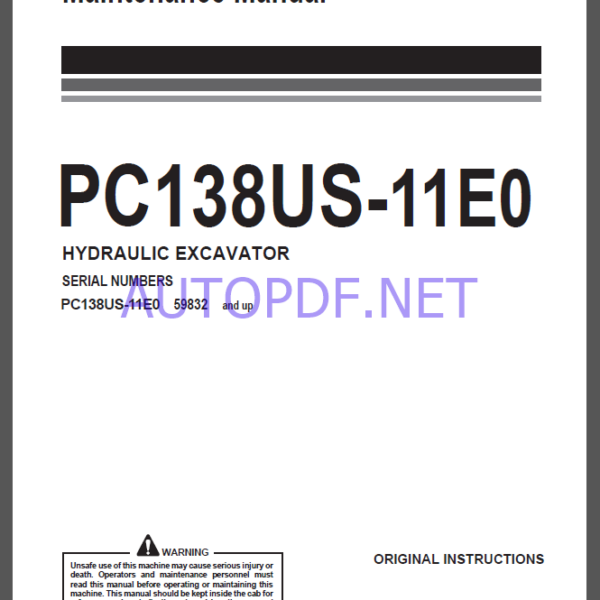 Komatsu PC138US-11E0 HYDRAULIC EXCAVATOR Operation and Maintenance Manual(WENAM00532)