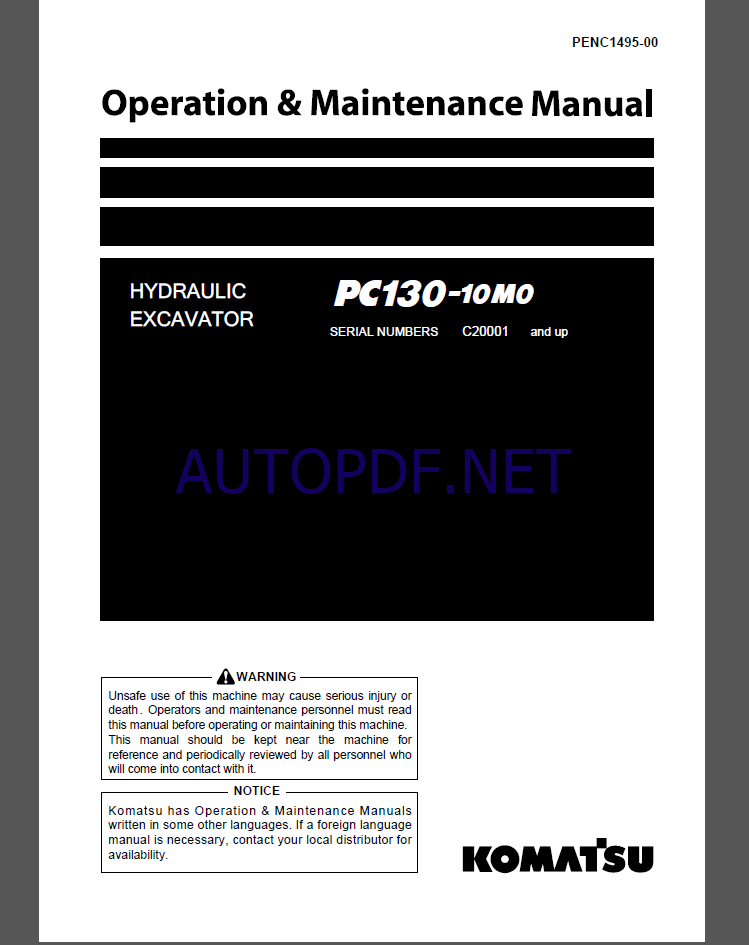 Komatsu PC228US -11,PC228USLC-11 HYDRAULIC EXCAVATOR Operation and Maintenance Manual(PENC1495-00)